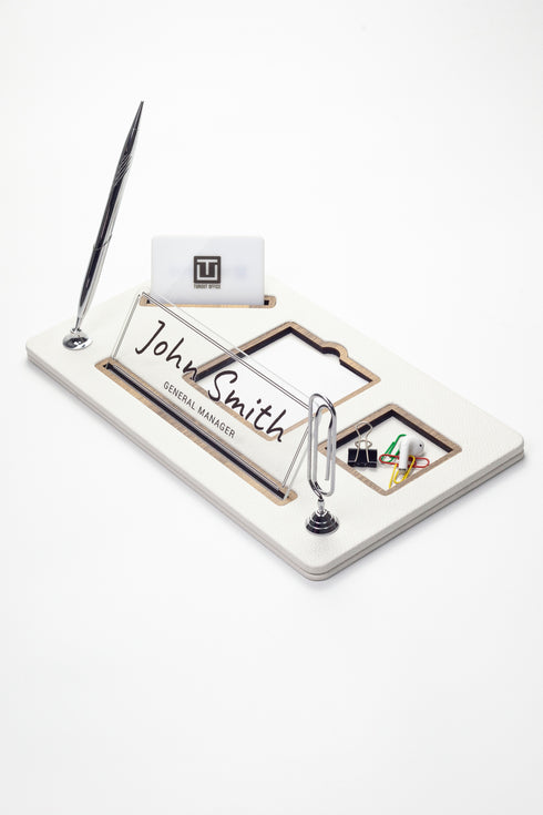 Organizer Leather Desk Nameplate Wood Detailed